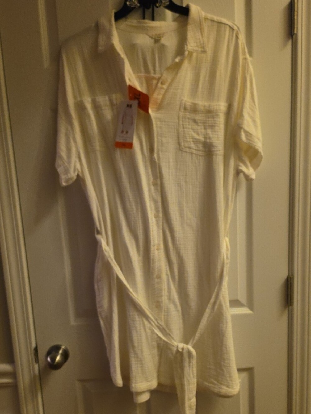 Weatherproof White Midi Shirt Dress with Tie Waist